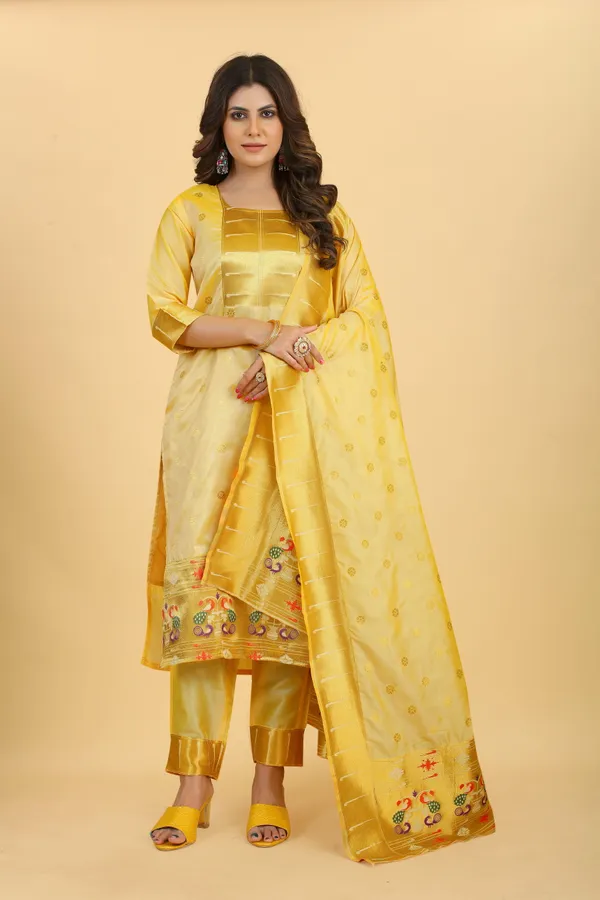 Cream_Colour_Paithani_Suit_Unstitch_Fabric_with_Dupatta